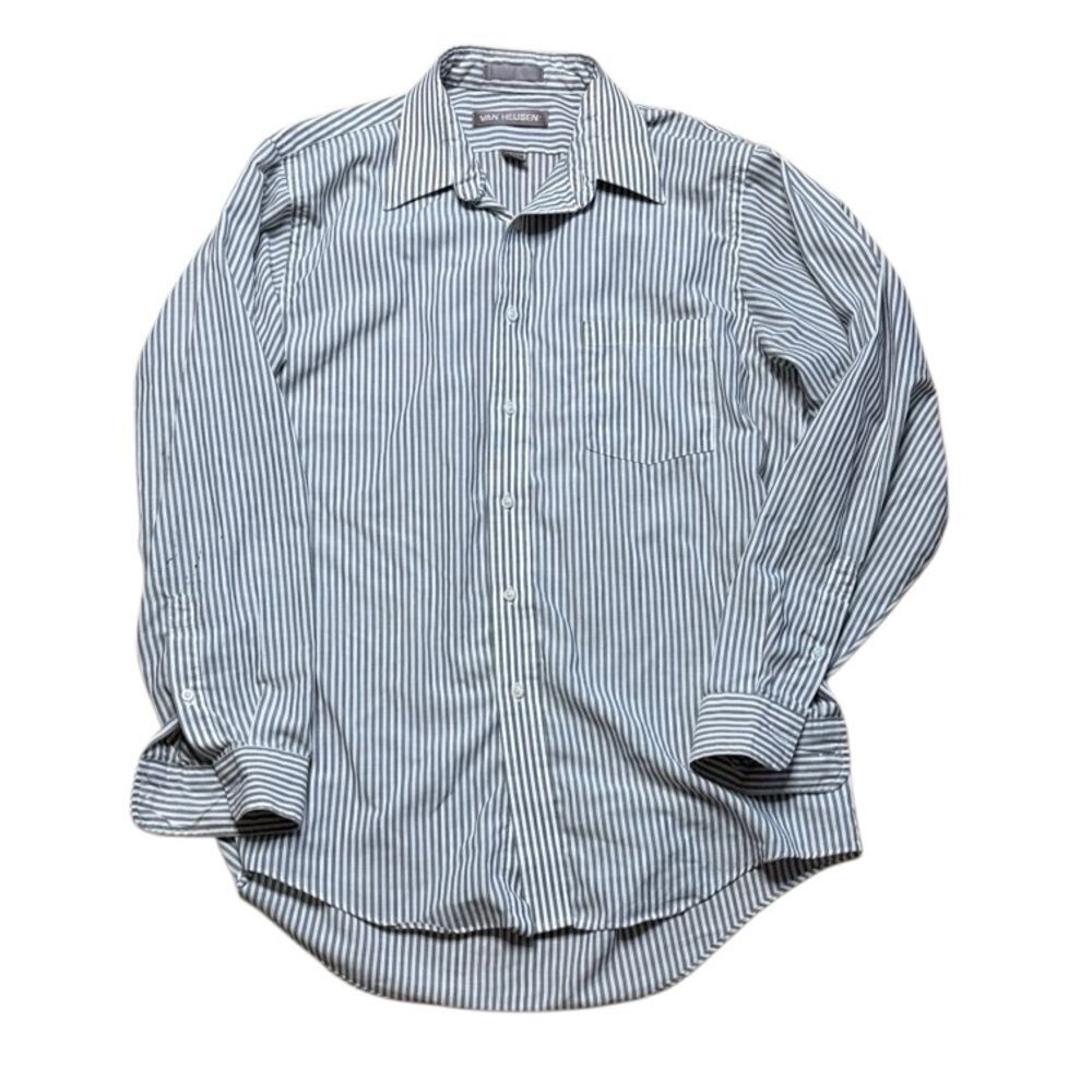 80s Vintage Van Heusen Grey and White Striped Button Down Shirt 16 34/35